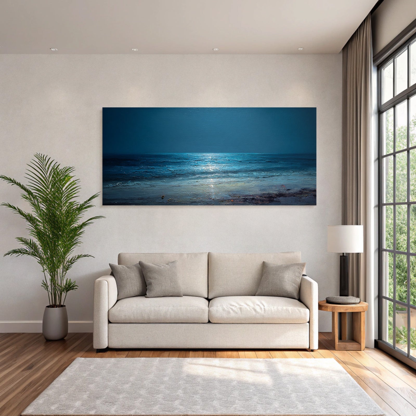 Blau Ruhige Meerlandschaft Mondlicht Nachtszene Ölbild