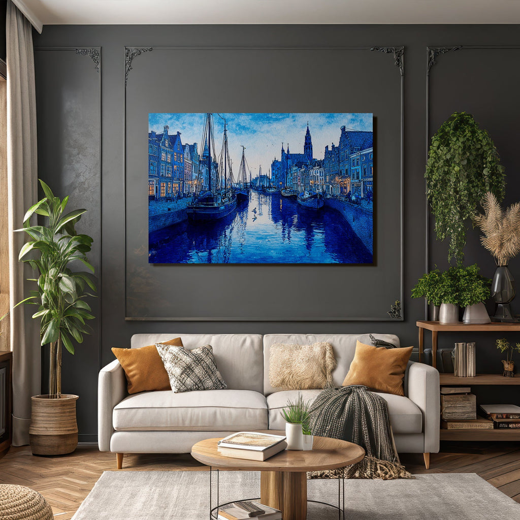 Blau Ruhige Nachtszene Kanaal Boote Architektur Reflexionen