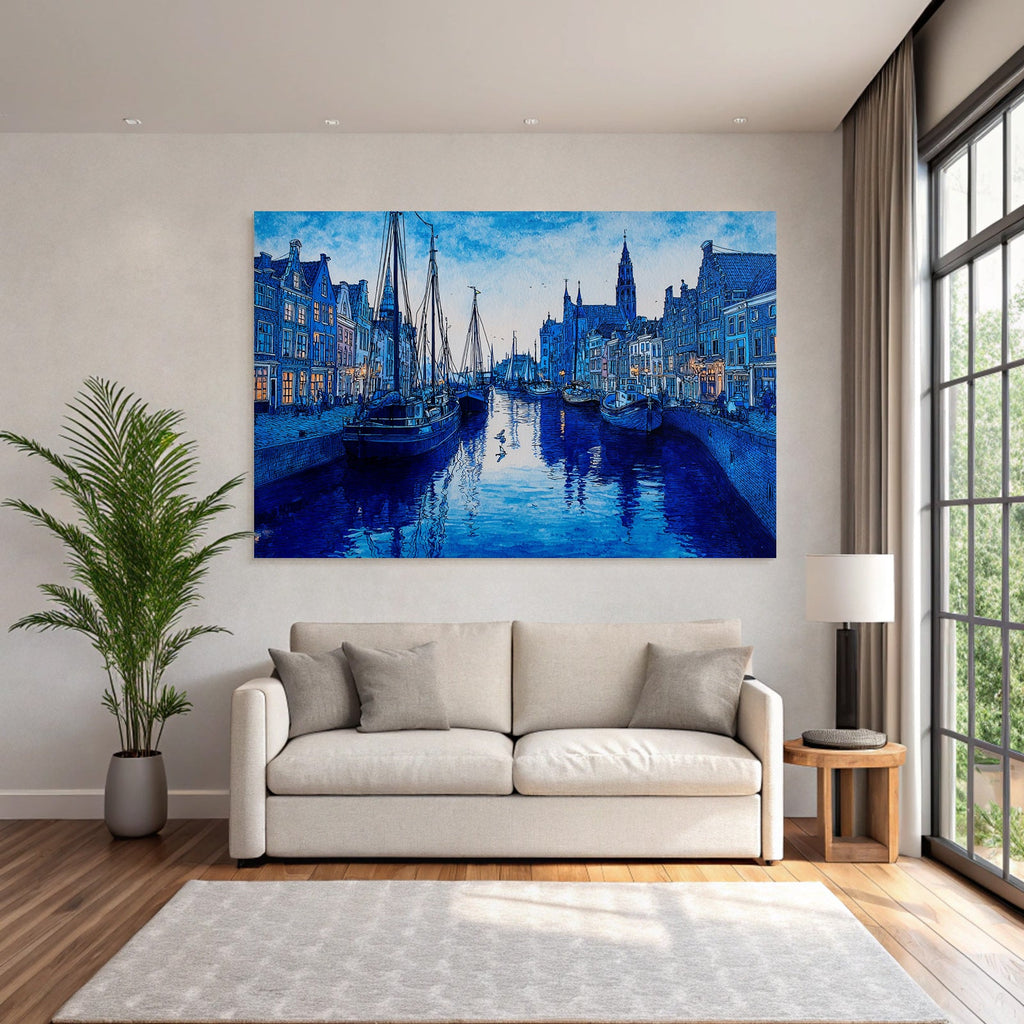 Blau Ruhige Nachtszene Kanaal Boote Architektur Reflexionen