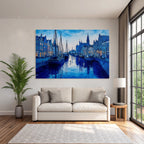 Blau Ruhige Nachtszene Kanaal Boote Architektur Reflexionen