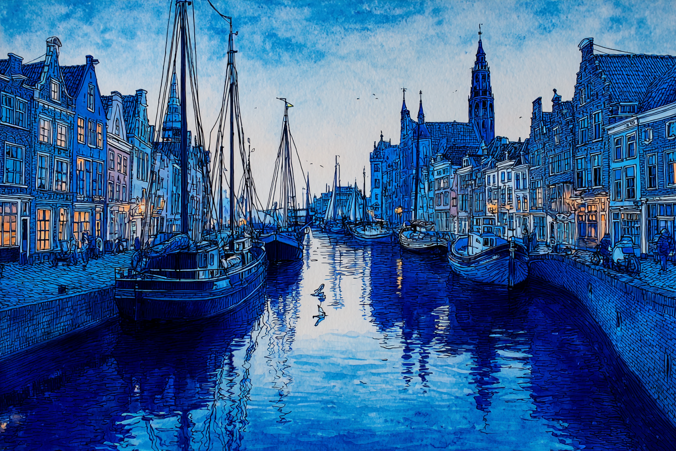 Blau Ruhige Nachtszene Kanaal Boote Architektur Reflexionen | Petrol Maritim Delfter Blau | Farbenwelten