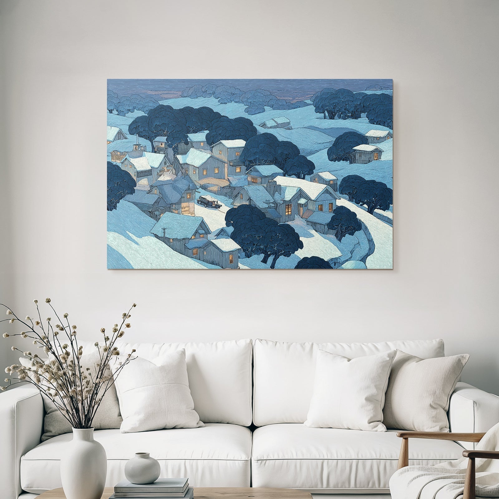 Blau Ruhige Winterlandschaft Dorf Im Schnee