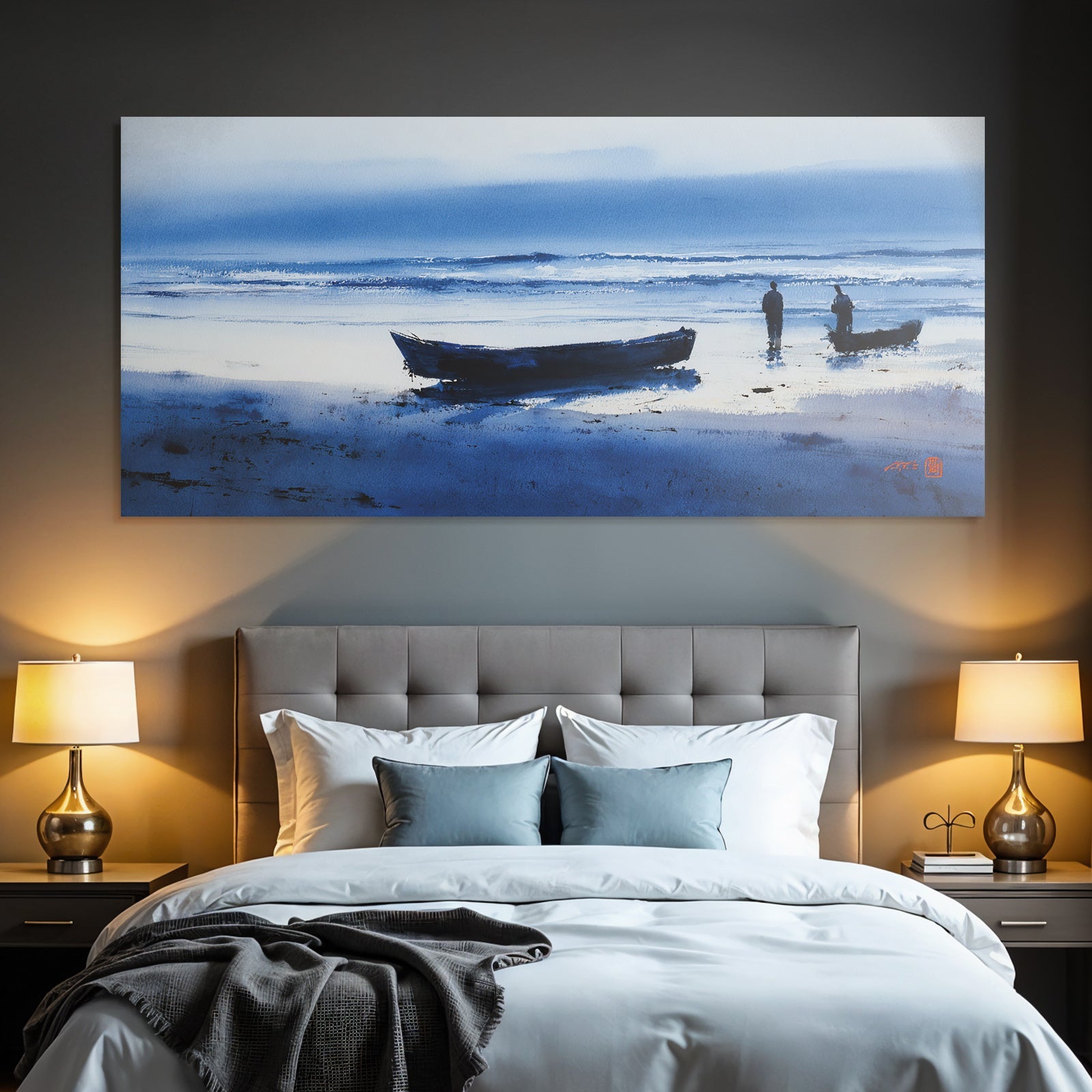 Blau Ruhiger Strand Mit Figuren Und Booten Wasserfarbenmalerei