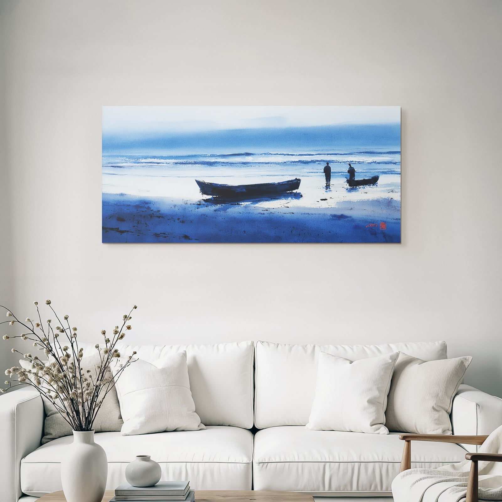 Blau Ruhiger Strand Mit Figuren Und Booten Wasserfarbenmalerei