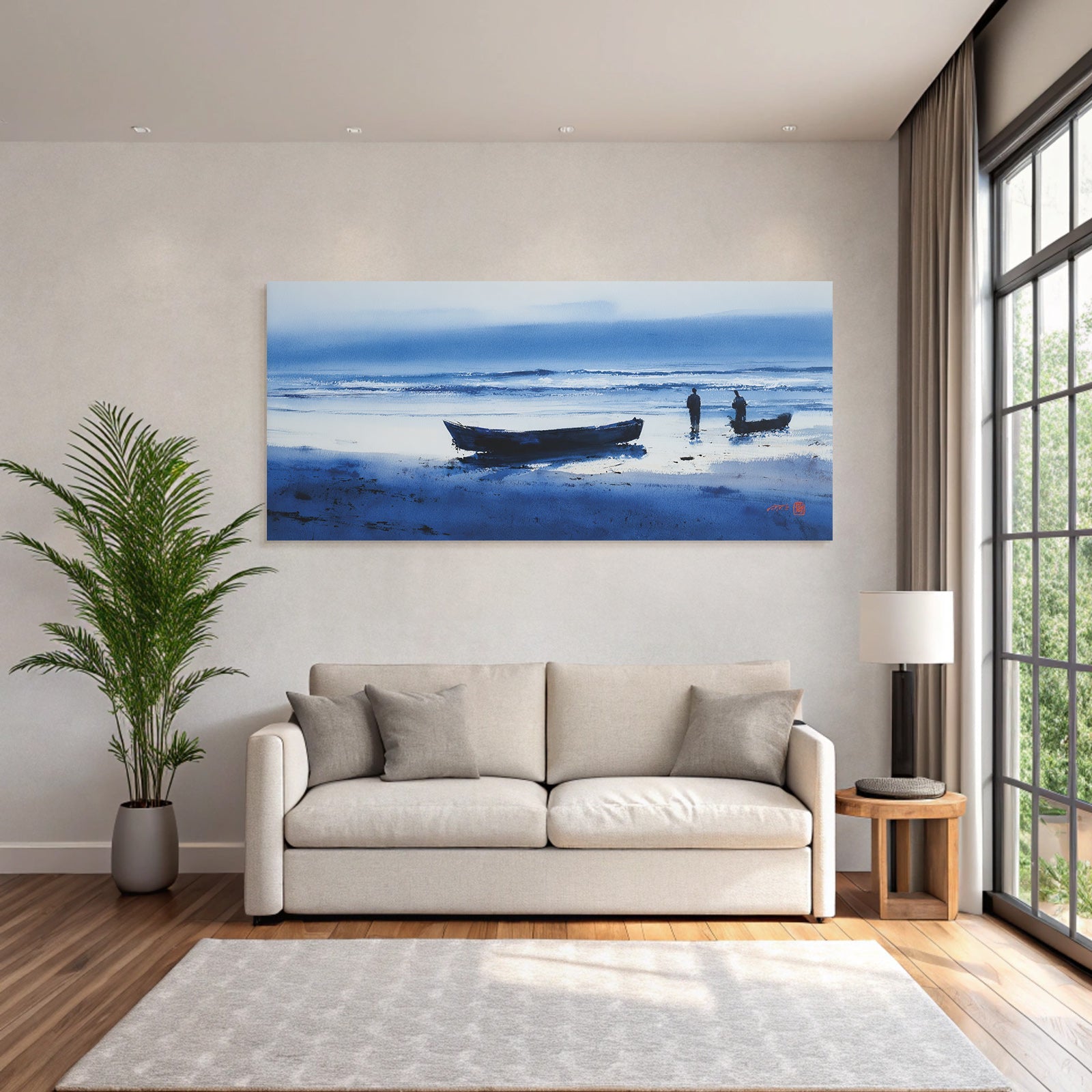 Blau Ruhiger Strand Mit Figuren Und Booten Wasserfarbenmalerei