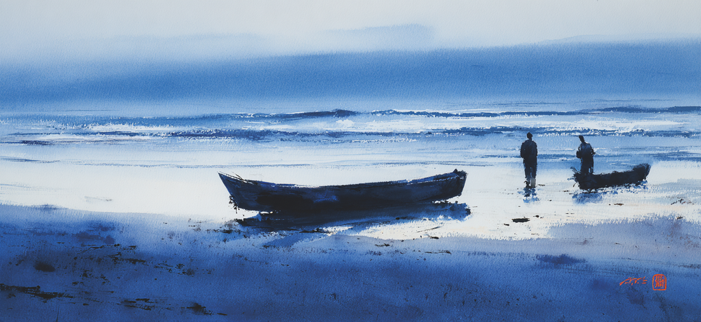 Blau Ruhiger Strand Mit Figuren Und Booten Wasserfarbenmalerei | Petrol Maritim Delfter Blau | Farbenwelten