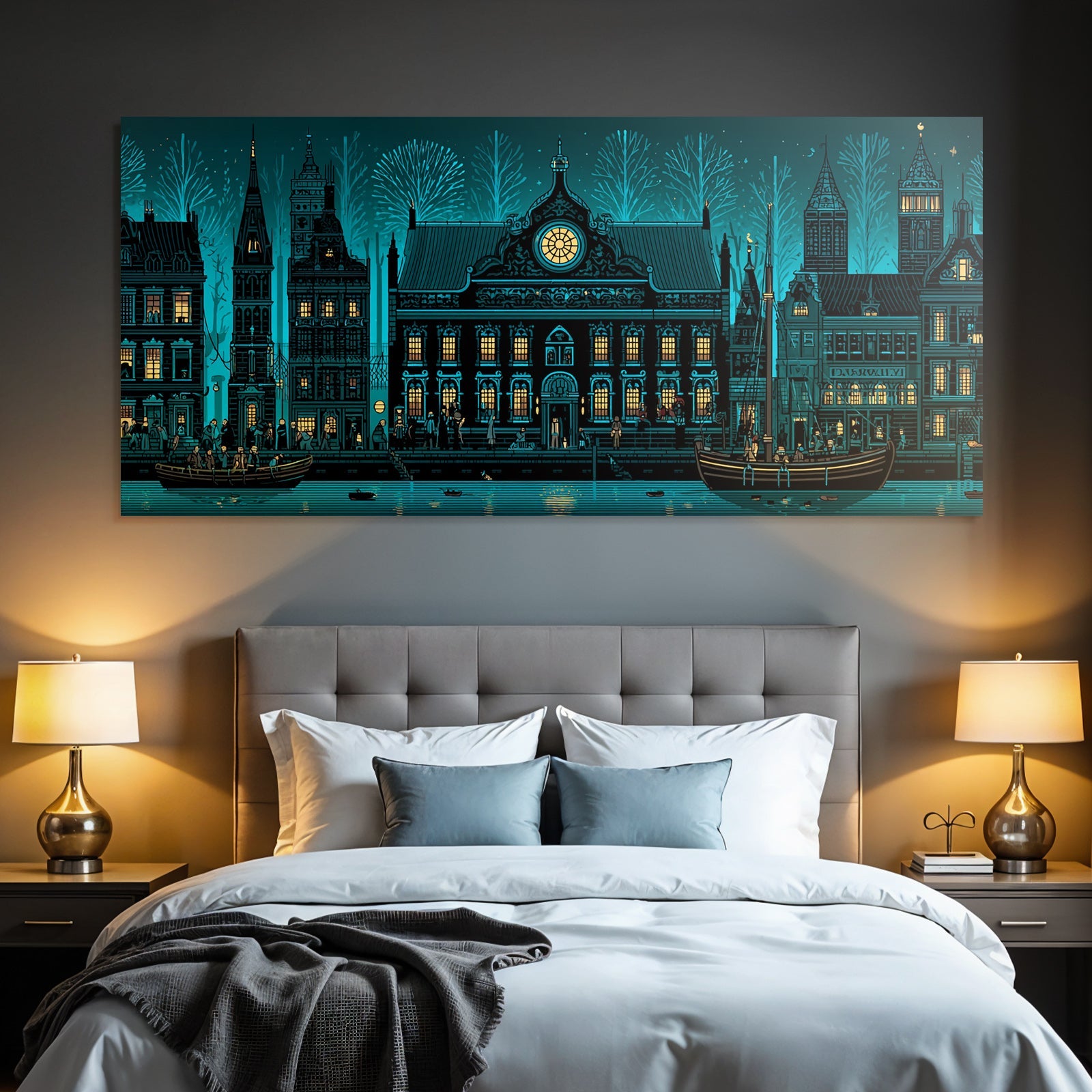 Blau Stilisierte Stadtansicht Nacht Vibrant Illustration Wasserfront