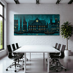 Blau Stilisierte Stadtansicht Nacht Vibrant Illustration Wasserfront