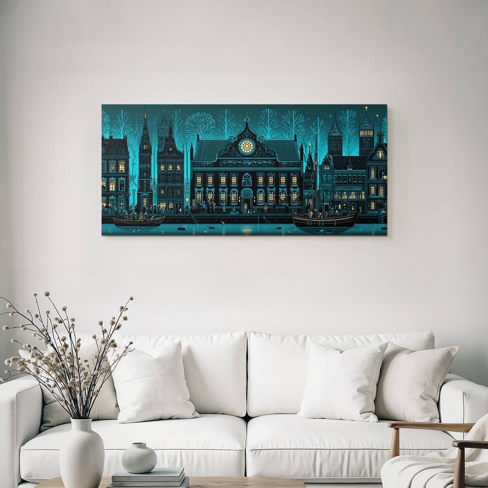Blau Stilisierte Stadtansicht Nacht Vibrant Illustration Wasserfront