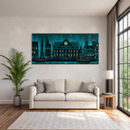 Blau Stilisierte Stadtansicht Nacht Vibrant Illustration Wasserfront