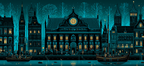 Blau Stilisierte Stadtansicht Nacht Vibrant Illustration Wasserfront | Petrol Maritim Delfter Blau | Farbenwelten