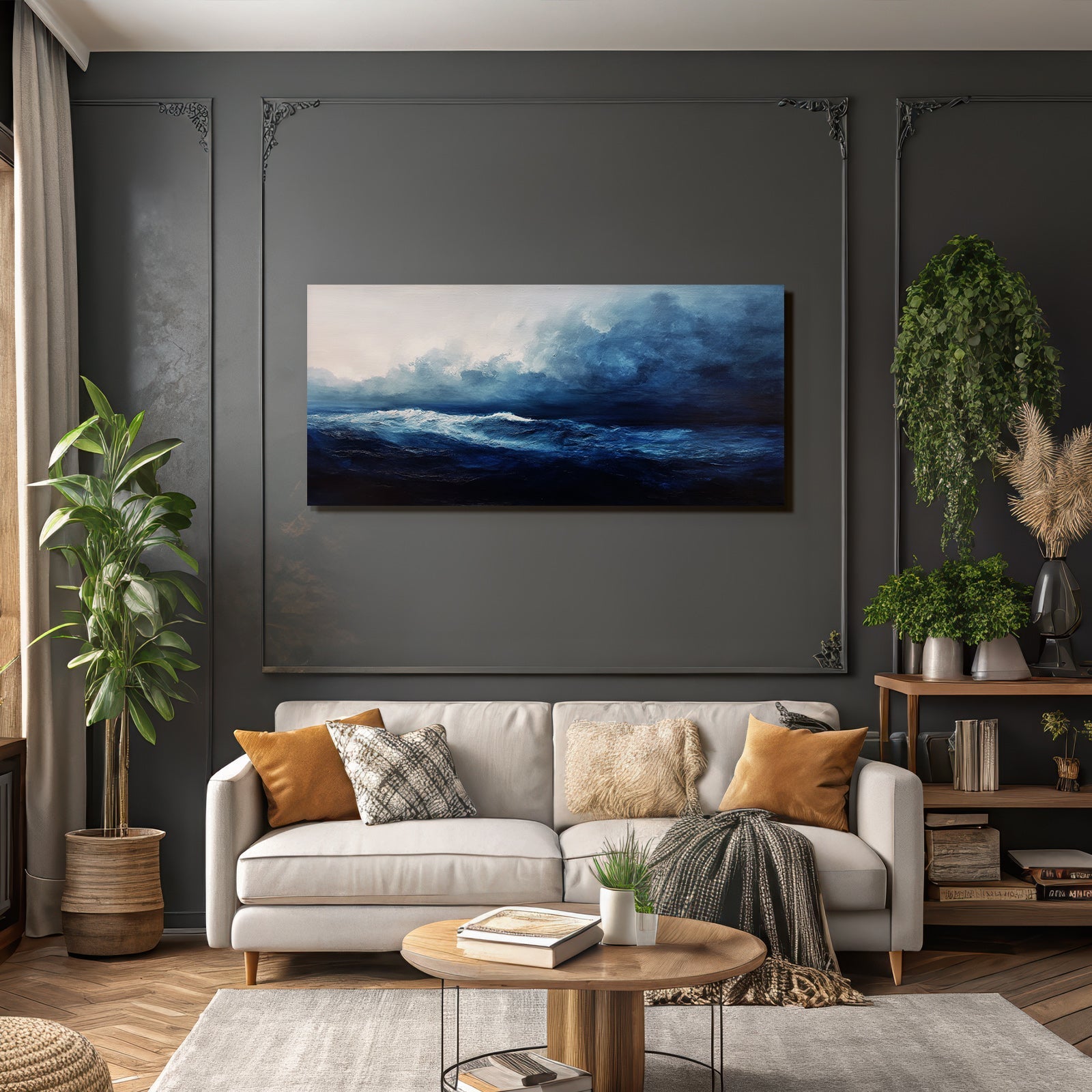 Blau Sturmsee Mit Dramatischen Wellen Und Gewittrigem Himmel