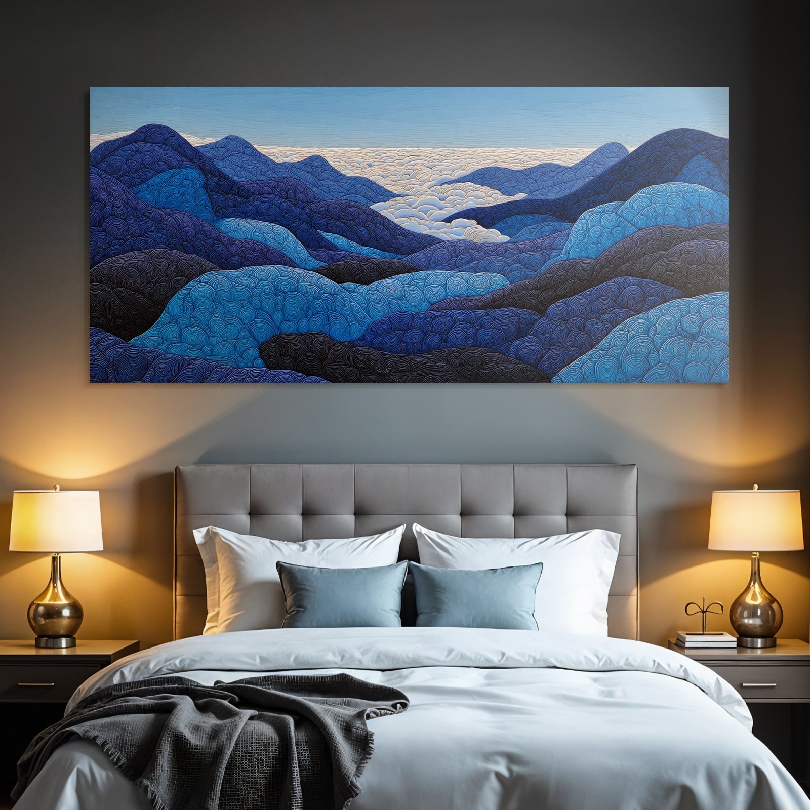 Blau Stylisierte Landschaft Mit Hügeln Und Wolken Abstrakt