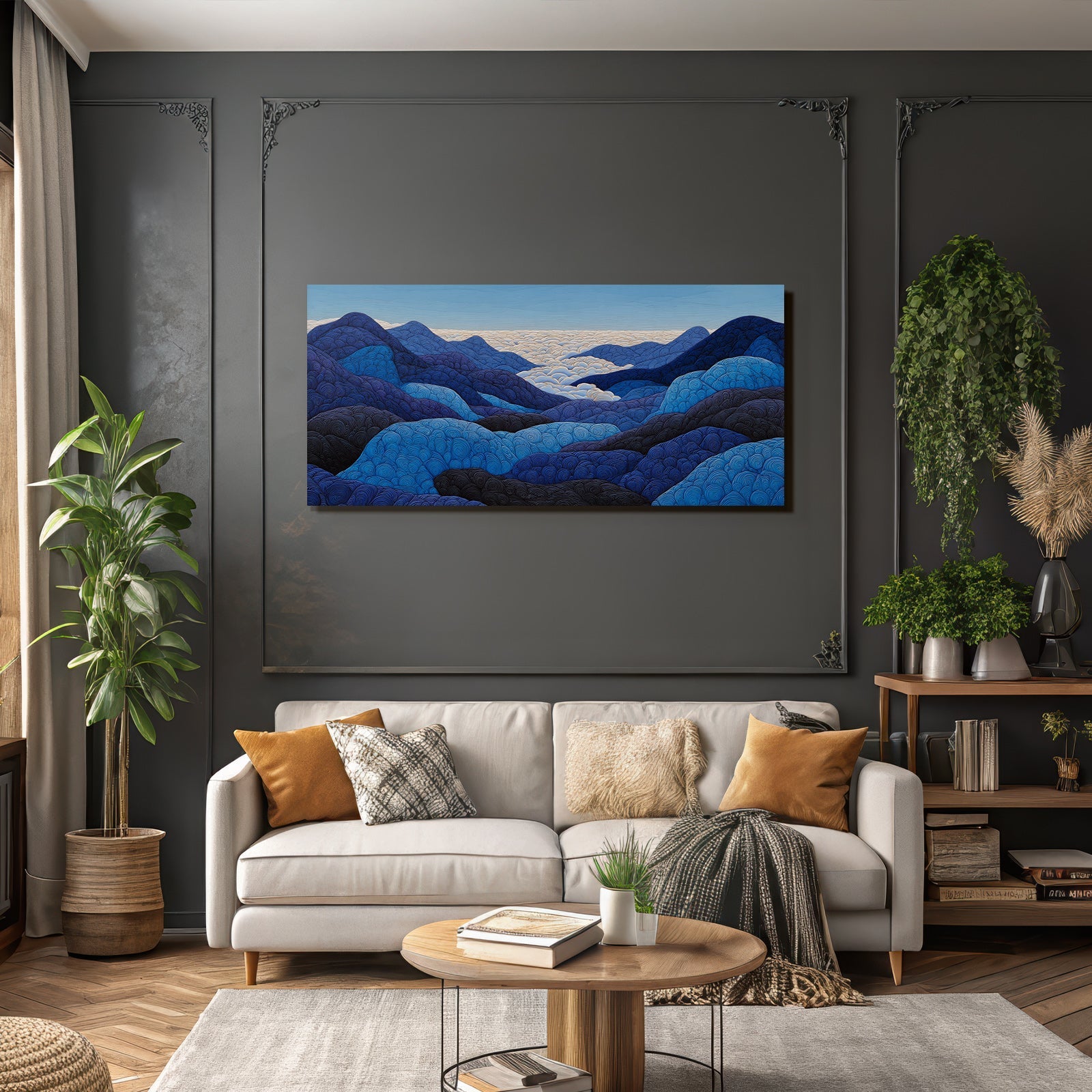 Blau Stylisierte Landschaft Mit Hügeln Und Wolken Abstrakt
