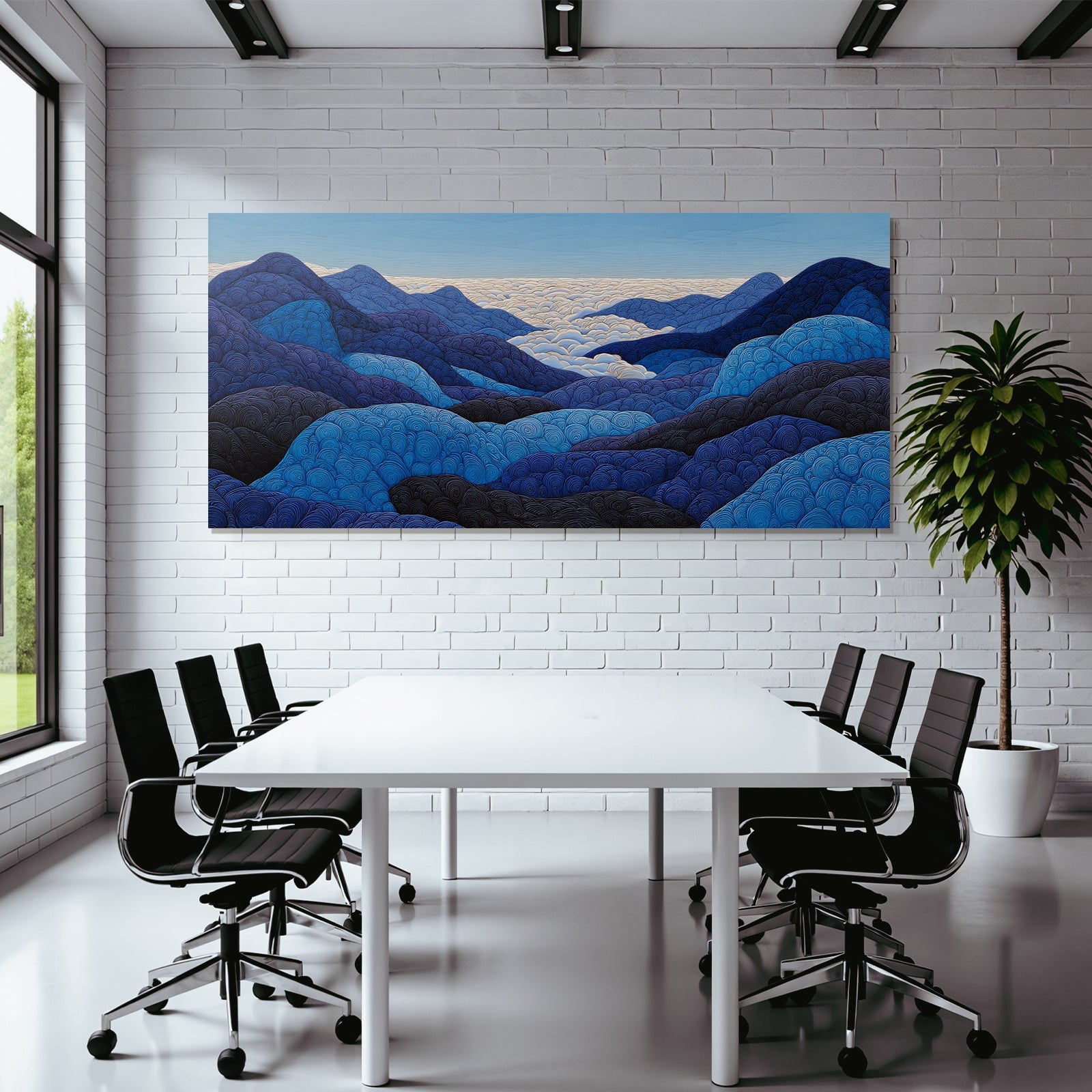 Blau Stylisierte Landschaft Mit Hügeln Und Wolken Abstrakt