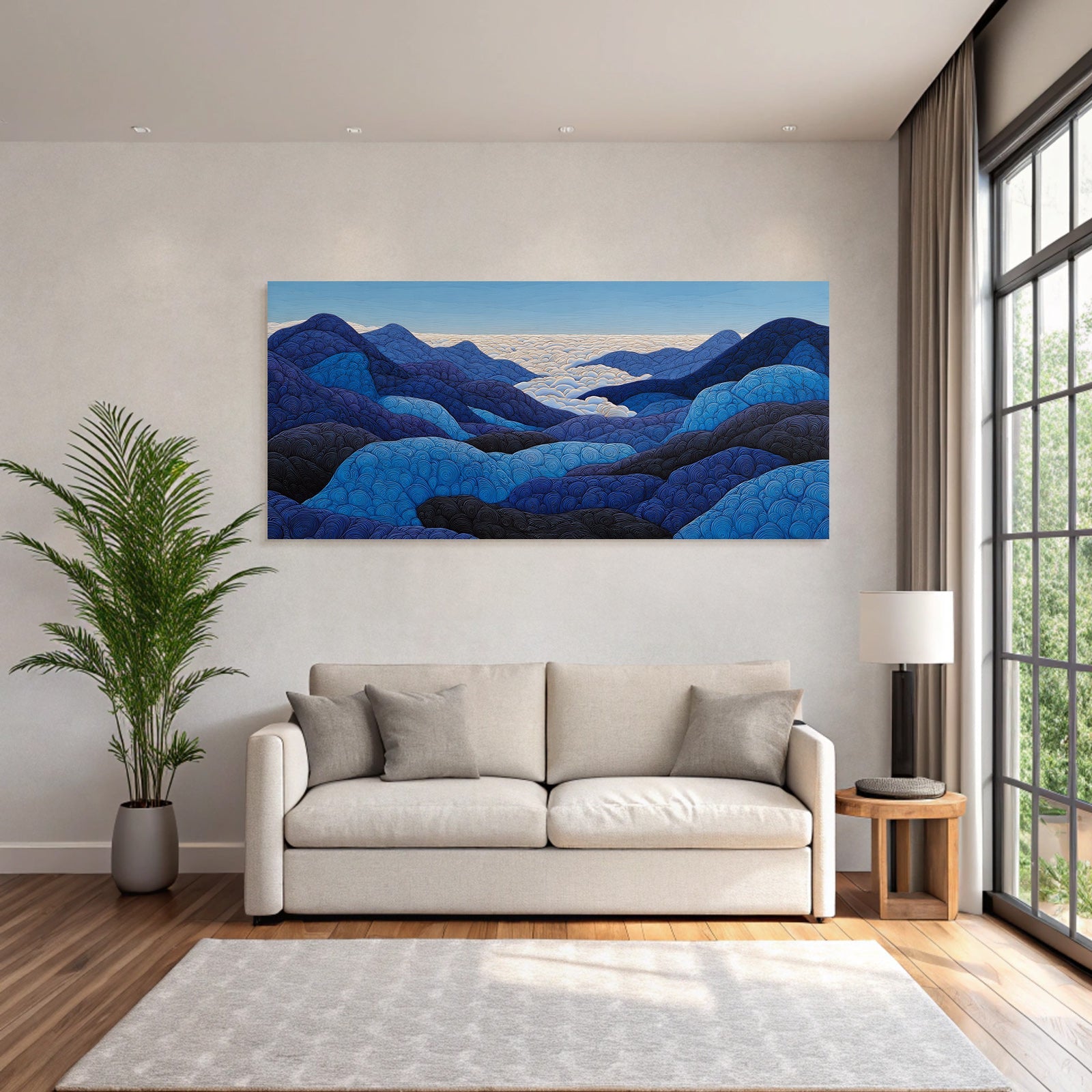 Blau Stylisierte Landschaft Mit Hügeln Und Wolken Abstrakt