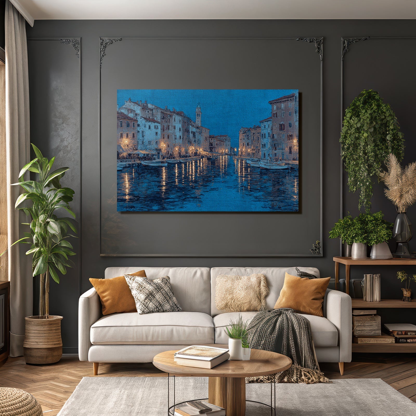Blau Ufer Nachtszene Lichtreflexionen Blau Impressionistische Stil