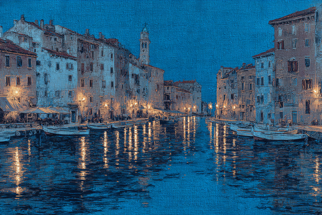 Blau Ufer Nachtszene Lichtreflexionen Blau Impressionistische Stil | Petrol Maritim Delfter Blau | Farbenwelten