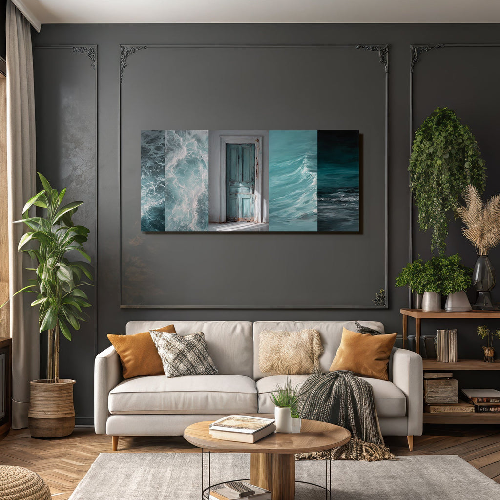 Blau Wetterteal Tür Mit Ocean Wellen Collage