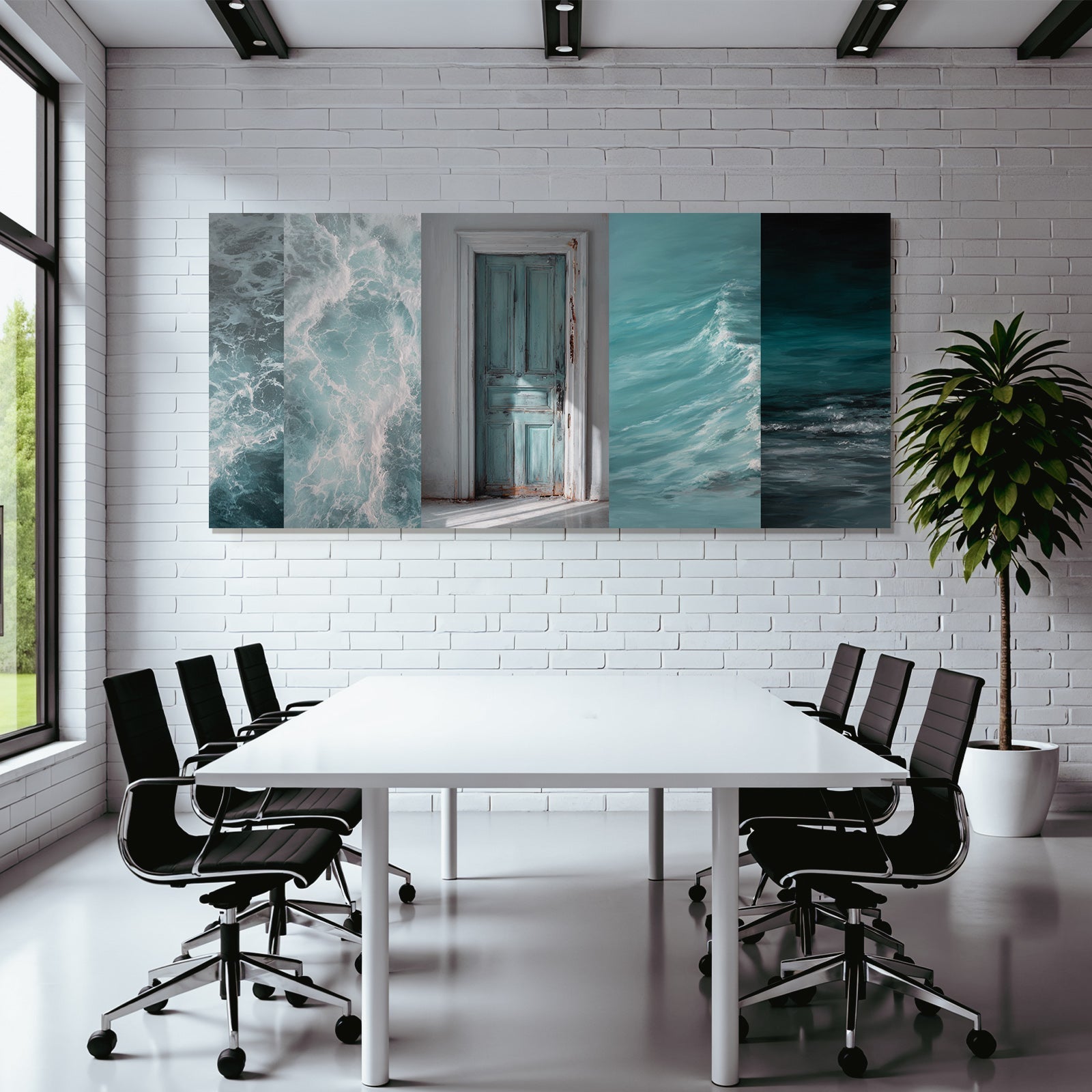 Blau Wetterteal Tür Mit Ocean Wellen Collage