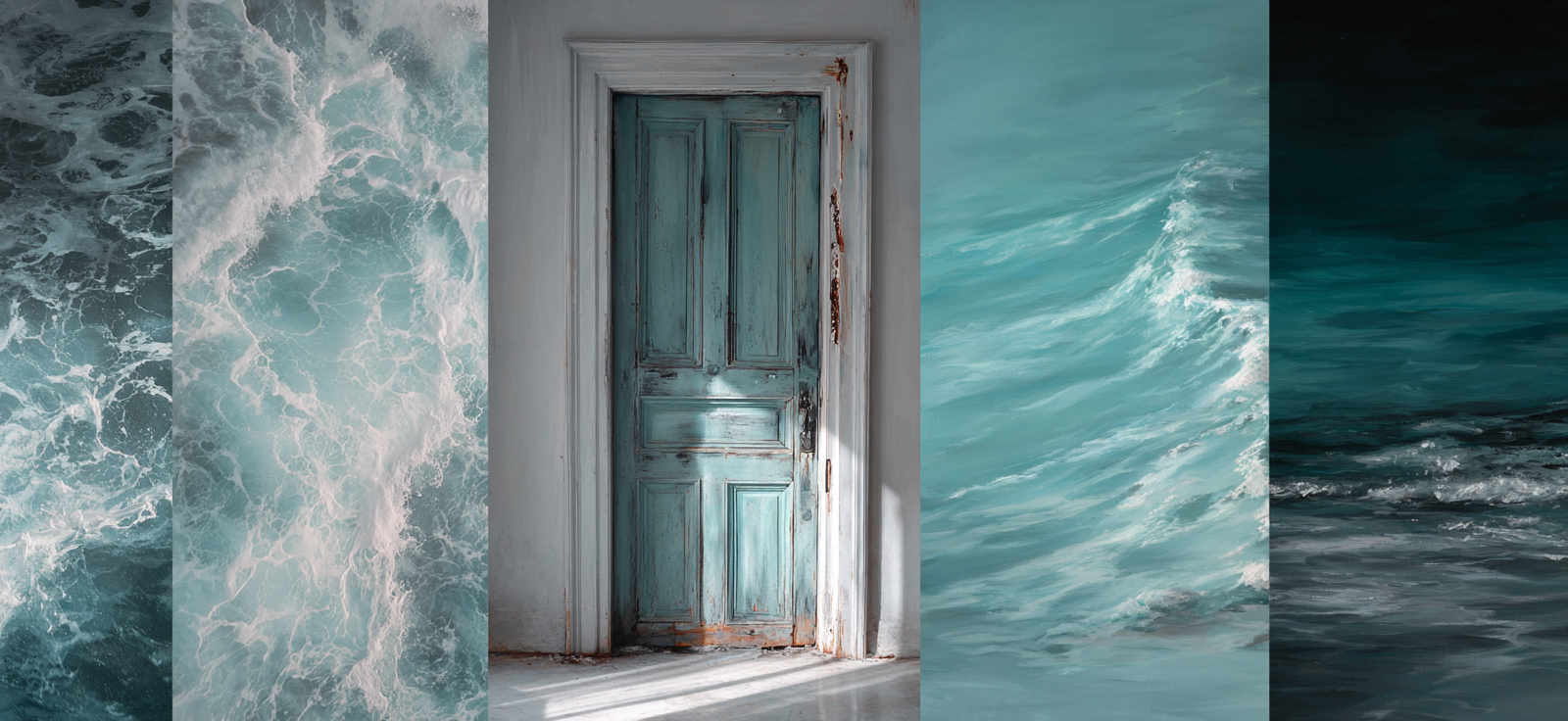 Blau Wetterteal Tür Mit Ocean Wellen Collage | Petrol Maritim Delfter Blau | Farbenwelten
