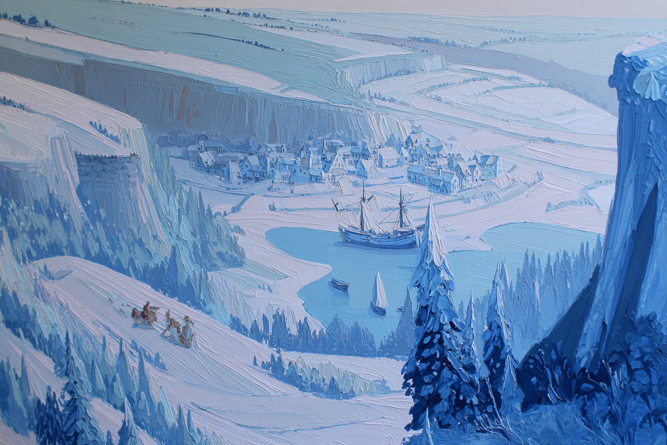 Blau Winterlandschaft Dorf Cliffs See Boote Reiter Schnee Blaü Töne | Petrol Maritim Delfter Blau | Farbenwelten