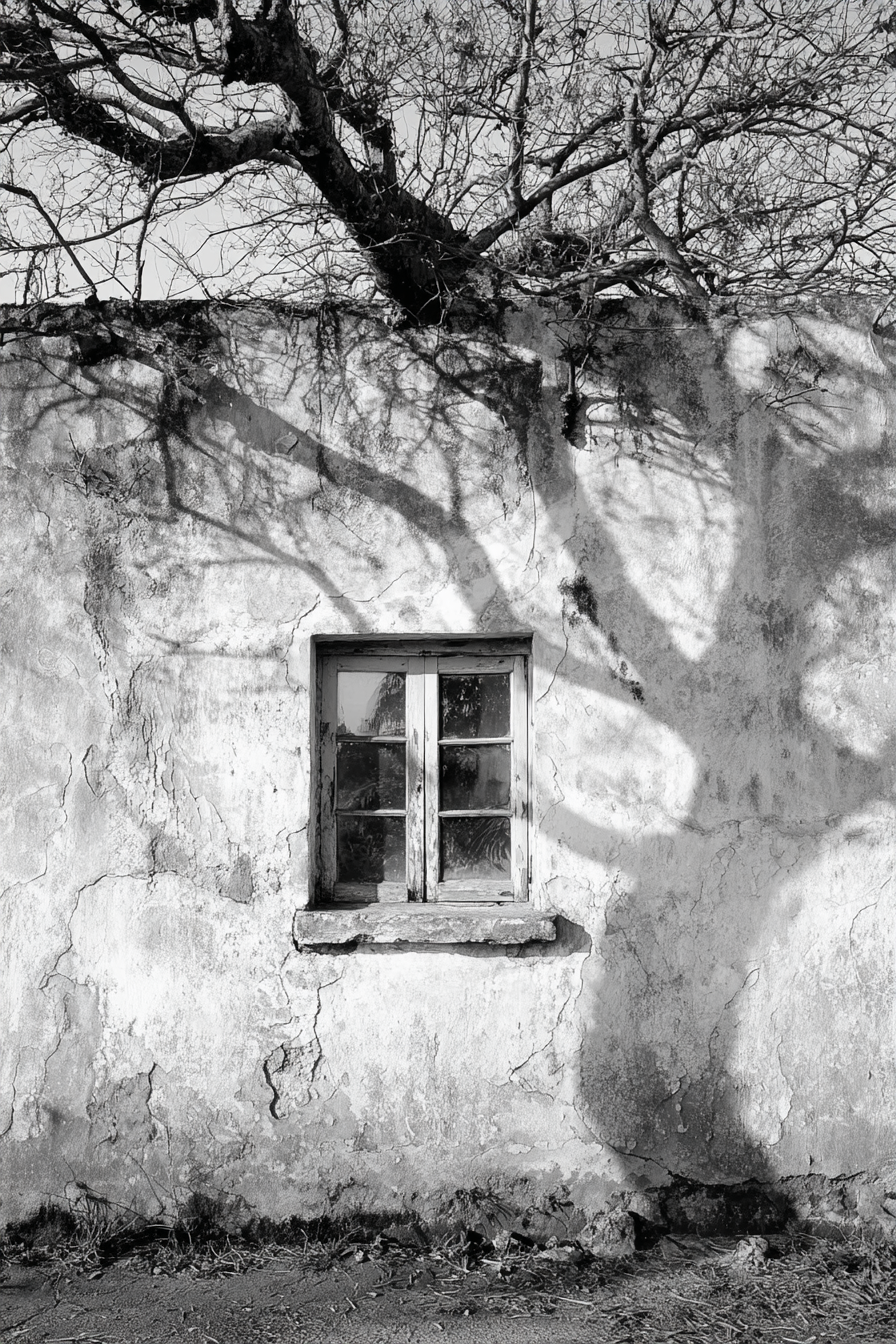 Alte Wettergegerbte Wand Mit Fenster Und Baum Schatten | Schwarz Weiss | Farbenwelten