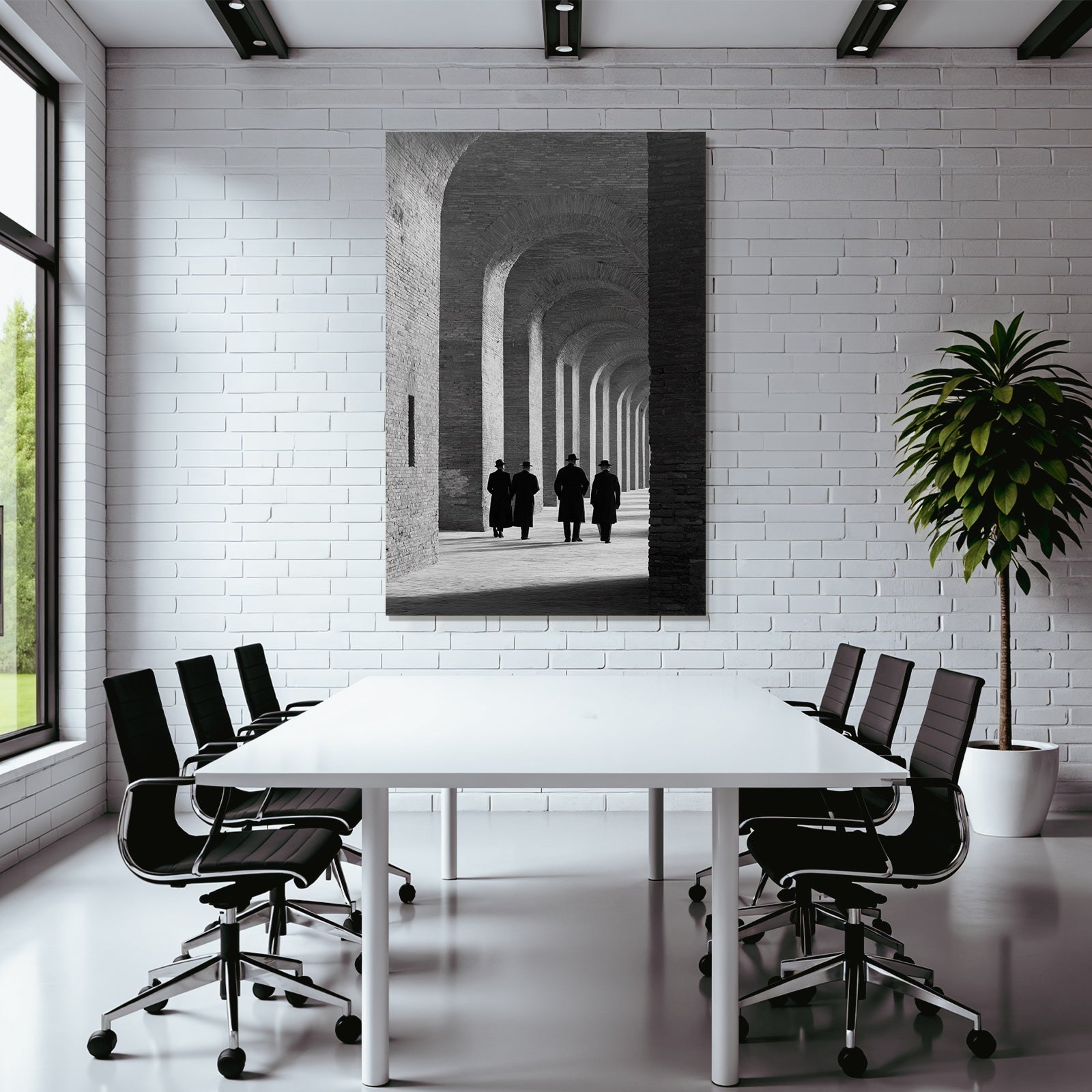 Gruppe Von Individün In Langen Mänteln Durch Architektonische Bögen Black And White