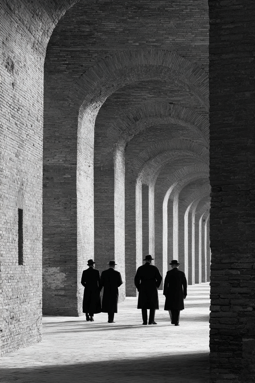 Gruppe Von Individün In Langen Mänteln Durch Architektonische Bögen Black And White | Schwarz Weiss | Farbenwelten