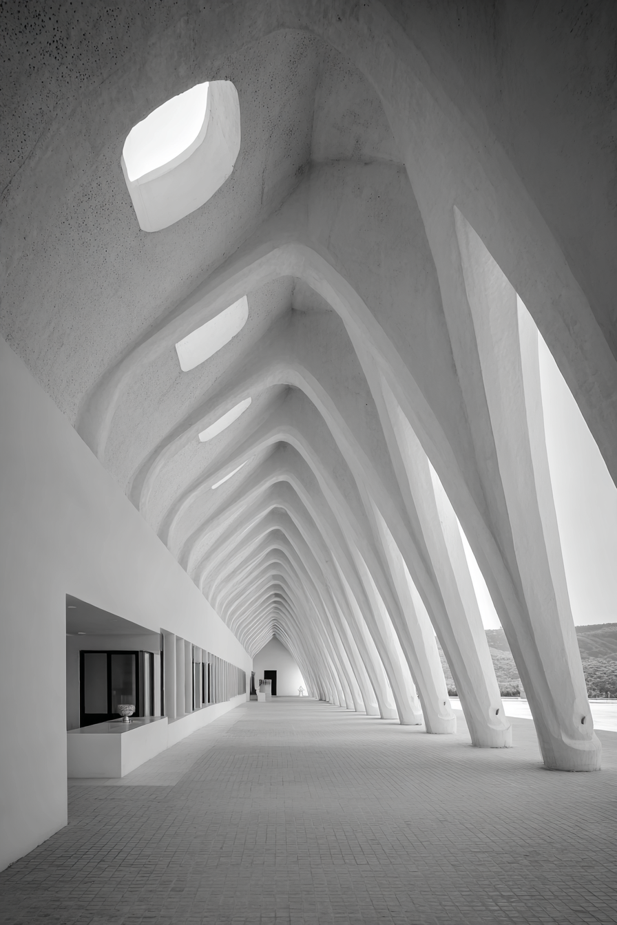 Moderne Minimalistische Architektur Innenraum Mit Gebogenen Tr Tren Und Lichtschlitzen | Schwarz Weiss | Farbenwelten