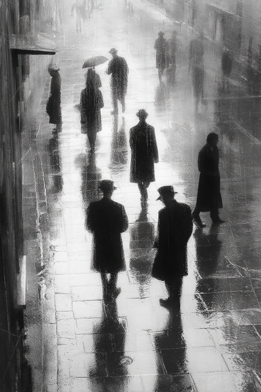 Moody Atmosphärische Stadt Szene Regnerischen Tag Silhoütten Reflexionen | Schwarz Weiss | Farbenwelten