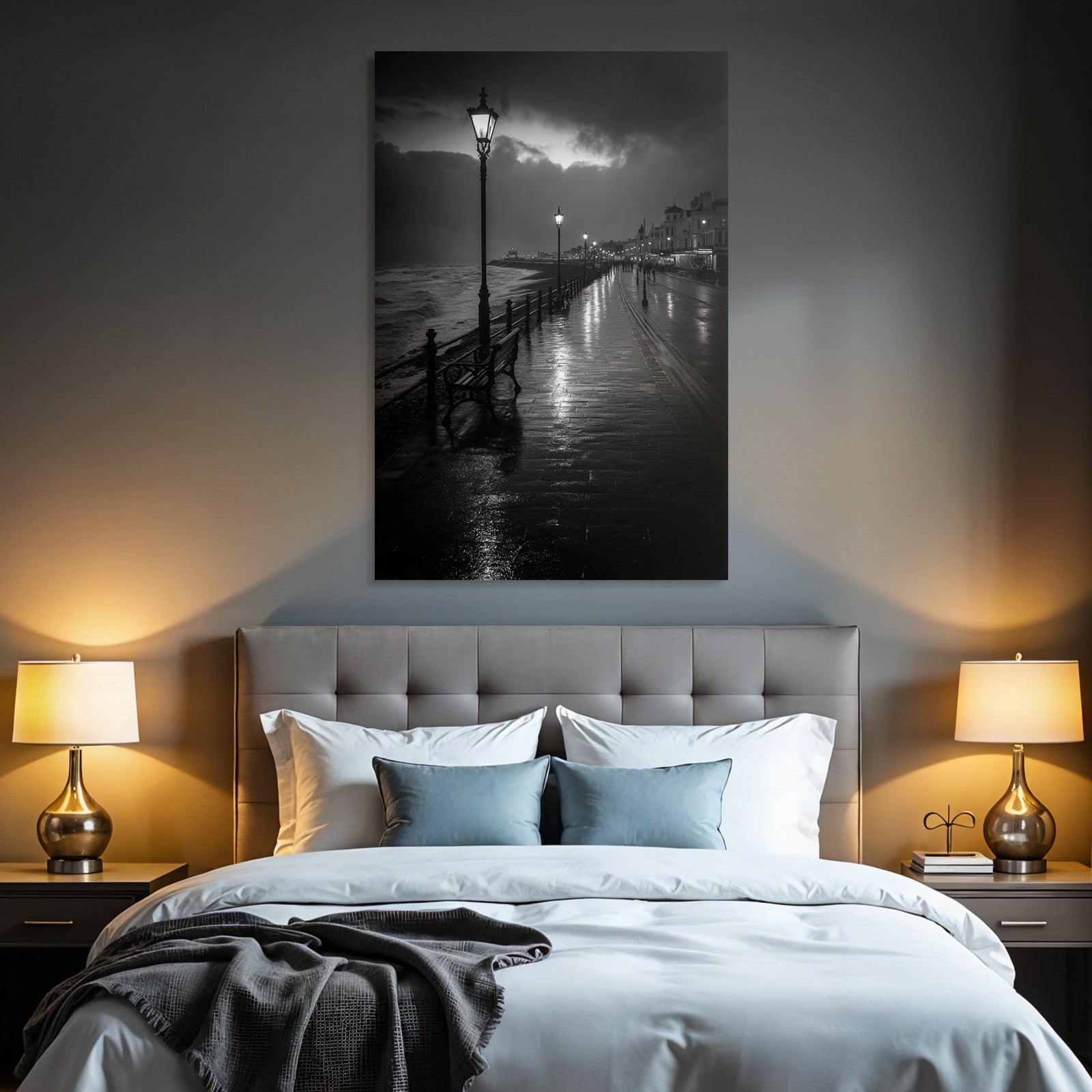 Moody Atmospheric Seaside Promenade Dusk Dawn Vintage Street Lamps Black White