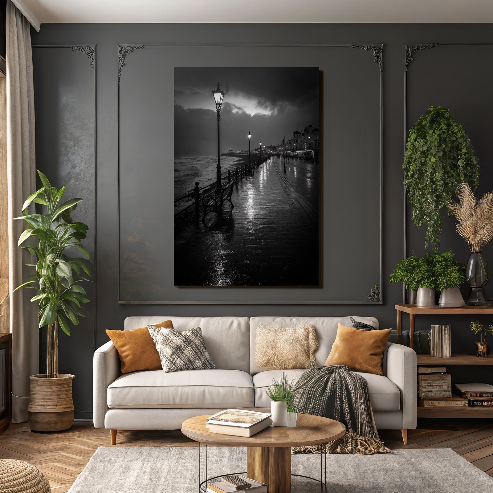 Moody Atmospheric Seaside Promenade Dusk Dawn Vintage Street Lamps Black White