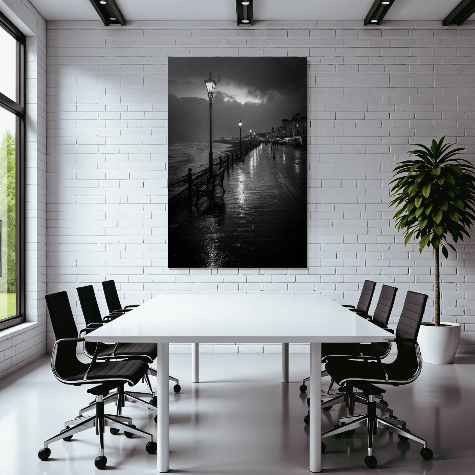 Moody Atmospheric Seaside Promenade Dusk Dawn Vintage Street Lamps Black White