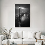 Moody Atmospheric Seaside Promenade Dusk Dawn Vintage Street Lamps Black White