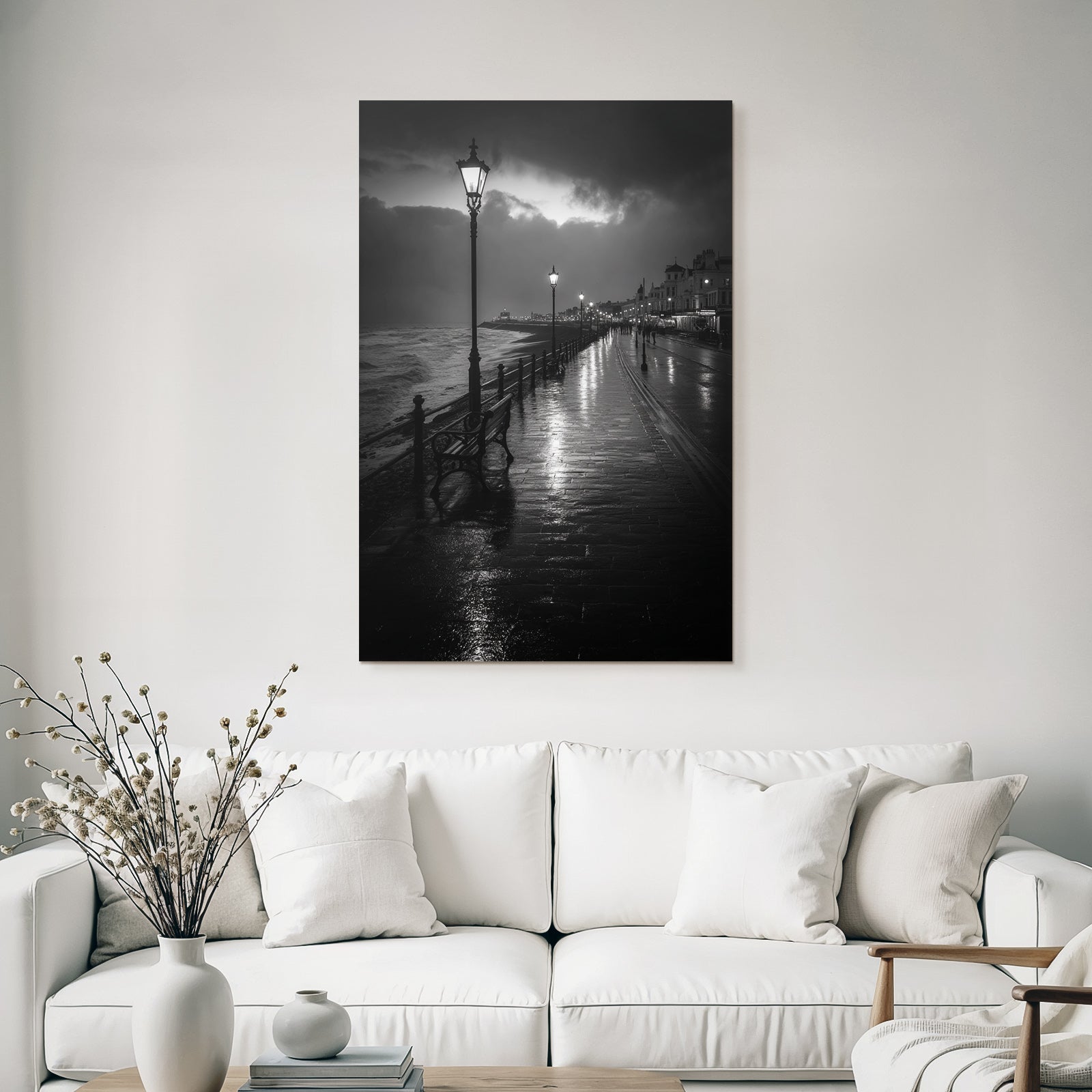 Moody Atmospheric Seaside Promenade Dusk Dawn Vintage Street Lamps Black White