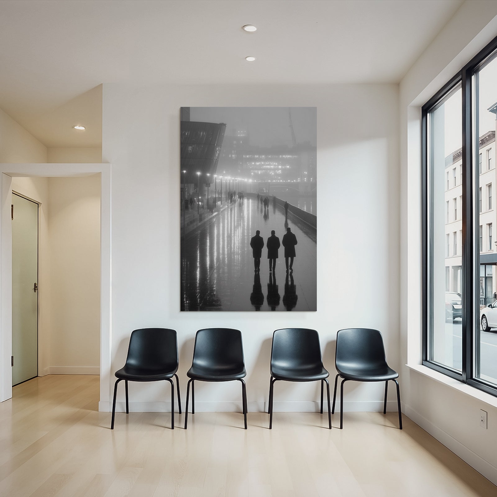 Moody Foggy City Walkway At Night Reflective Surface Silhoüttes