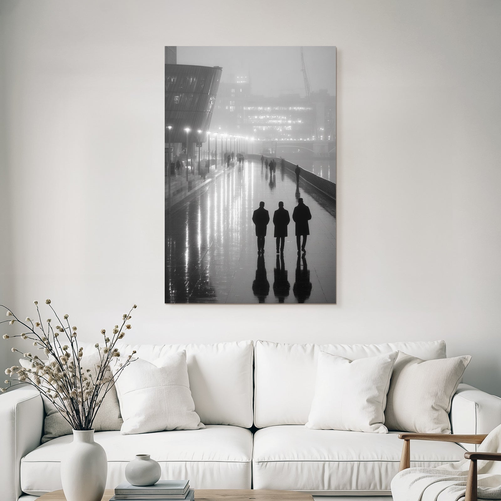Moody Foggy City Walkway At Night Reflective Surface Silhoüttes