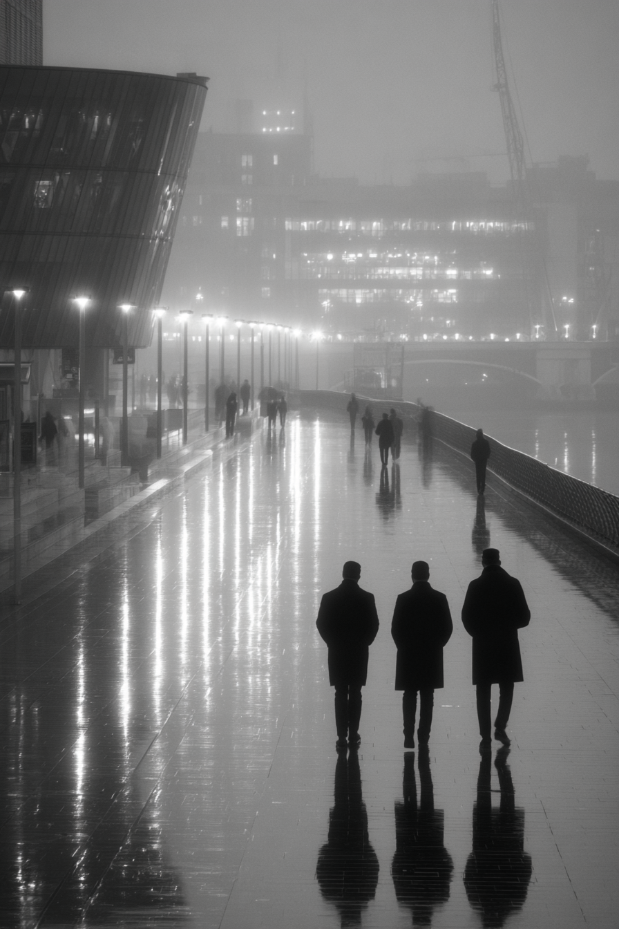 Moody Foggy City Walkway At Night Reflective Surface Silhoüttes | Schwarz Weiss | Farbenwelten