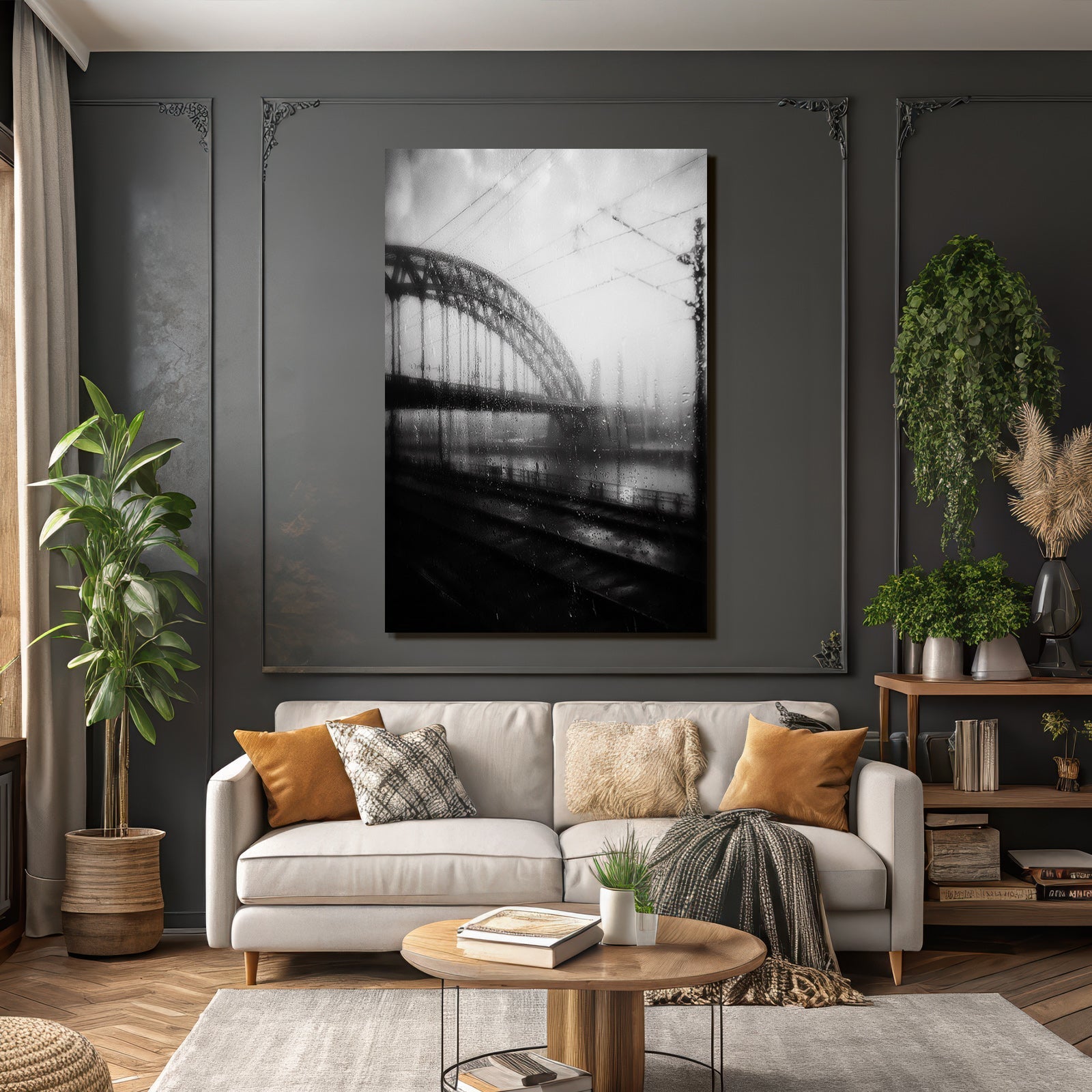 Regennasser Brücke Durch Fenster Schwarzweiss