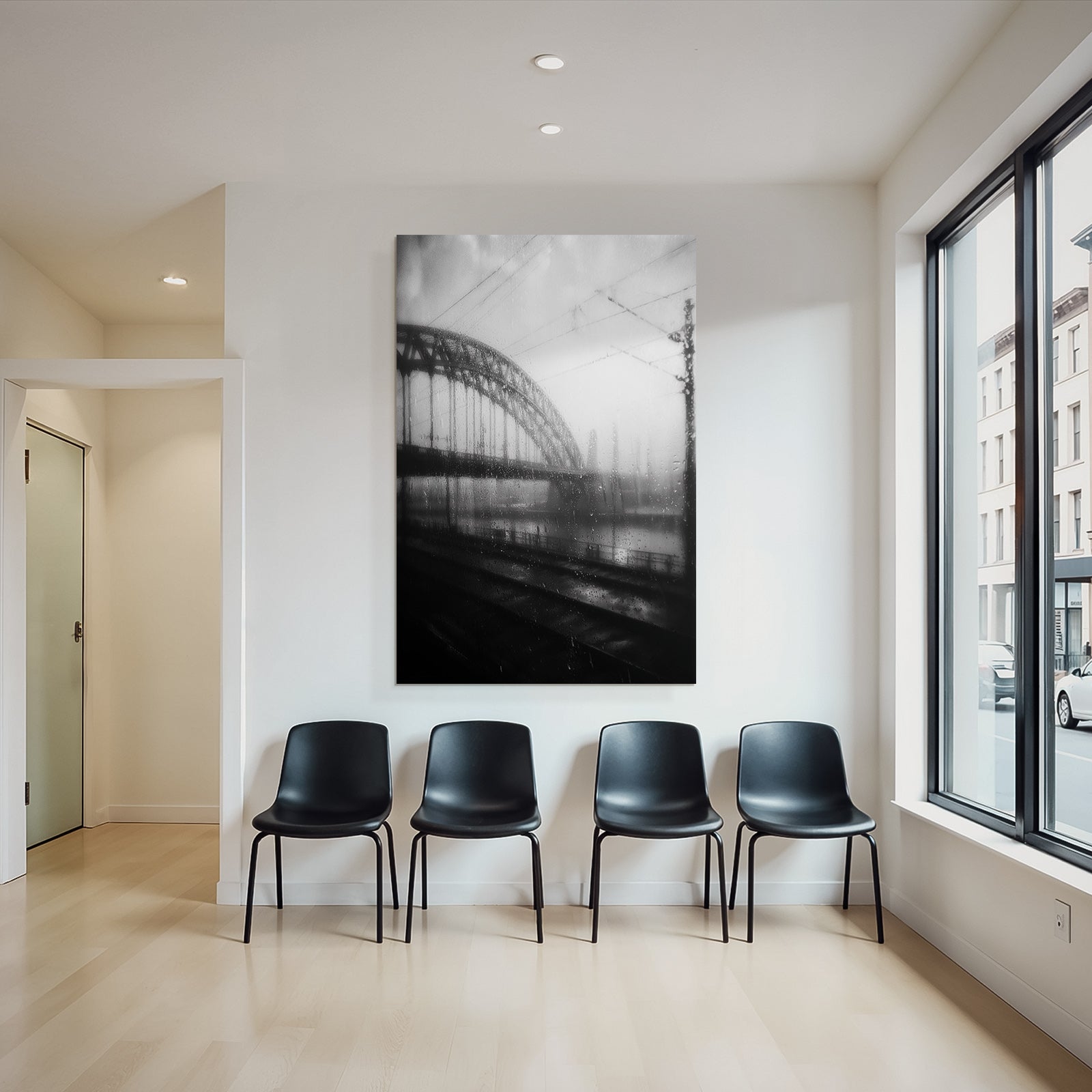 Regennasser Brücke Durch Fenster Schwarzweiss