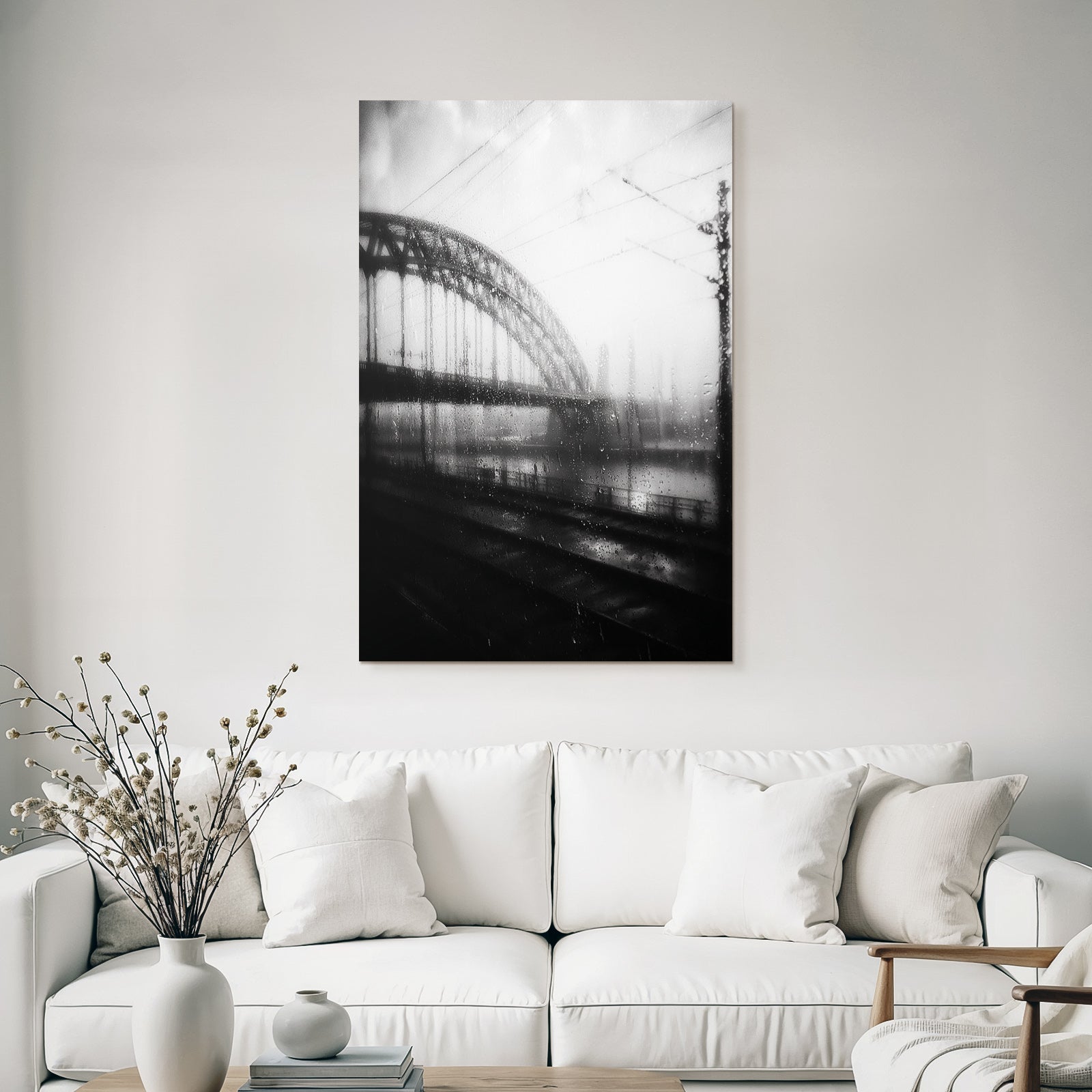 Regennasser Brücke Durch Fenster Schwarzweiss