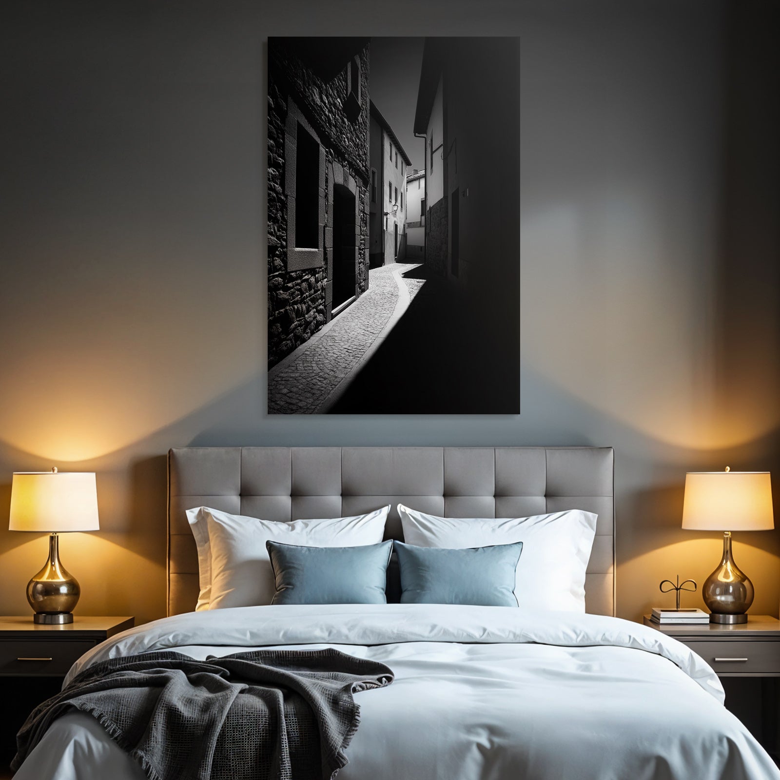 Schmale Gasse In Schwarz Und Weiss Mit Kopfsteinpflaster Und Moody Atmosphäre
