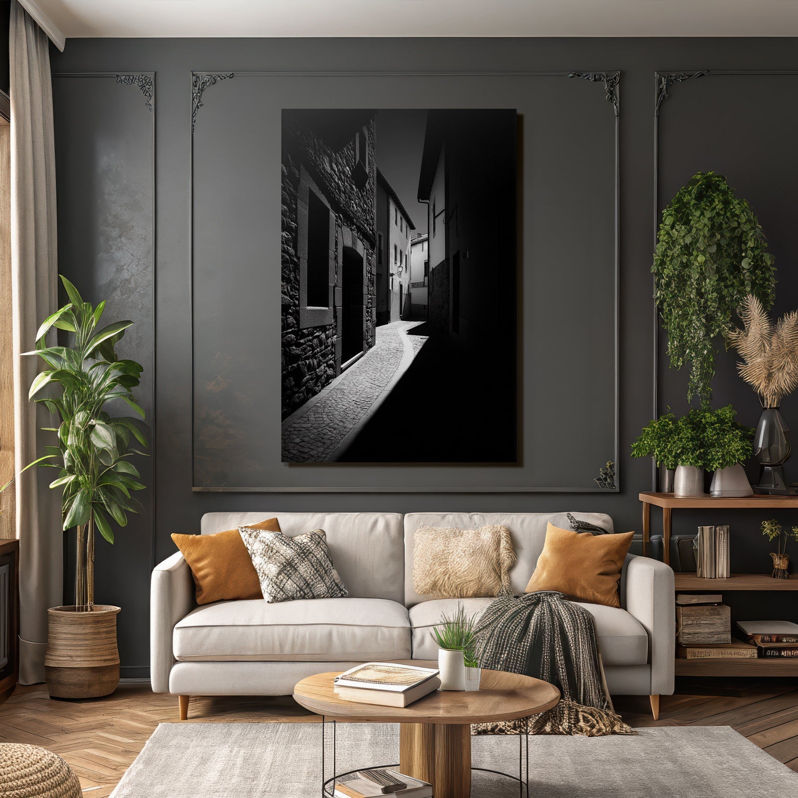 Schmale Gasse In Schwarz Und Weiss Mit Kopfsteinpflaster Und Moody Atmosphäre