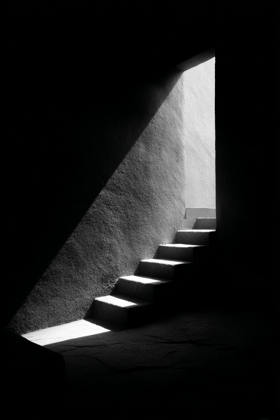 Treppe Zur Tür Mit Beleuchtung Und Dunklem Hintergrund | Schwarz Weiss | Farbenwelten