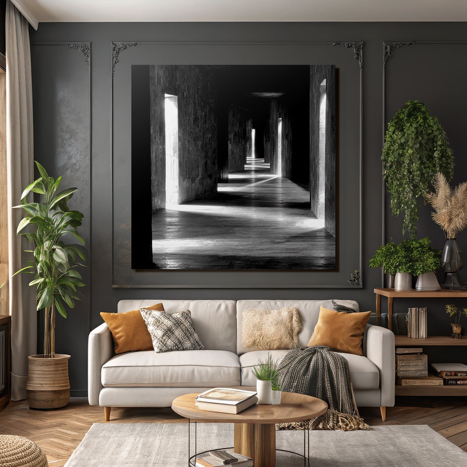 Dunkle Flure Mit Licht Strömen Architektur Monochromatisch