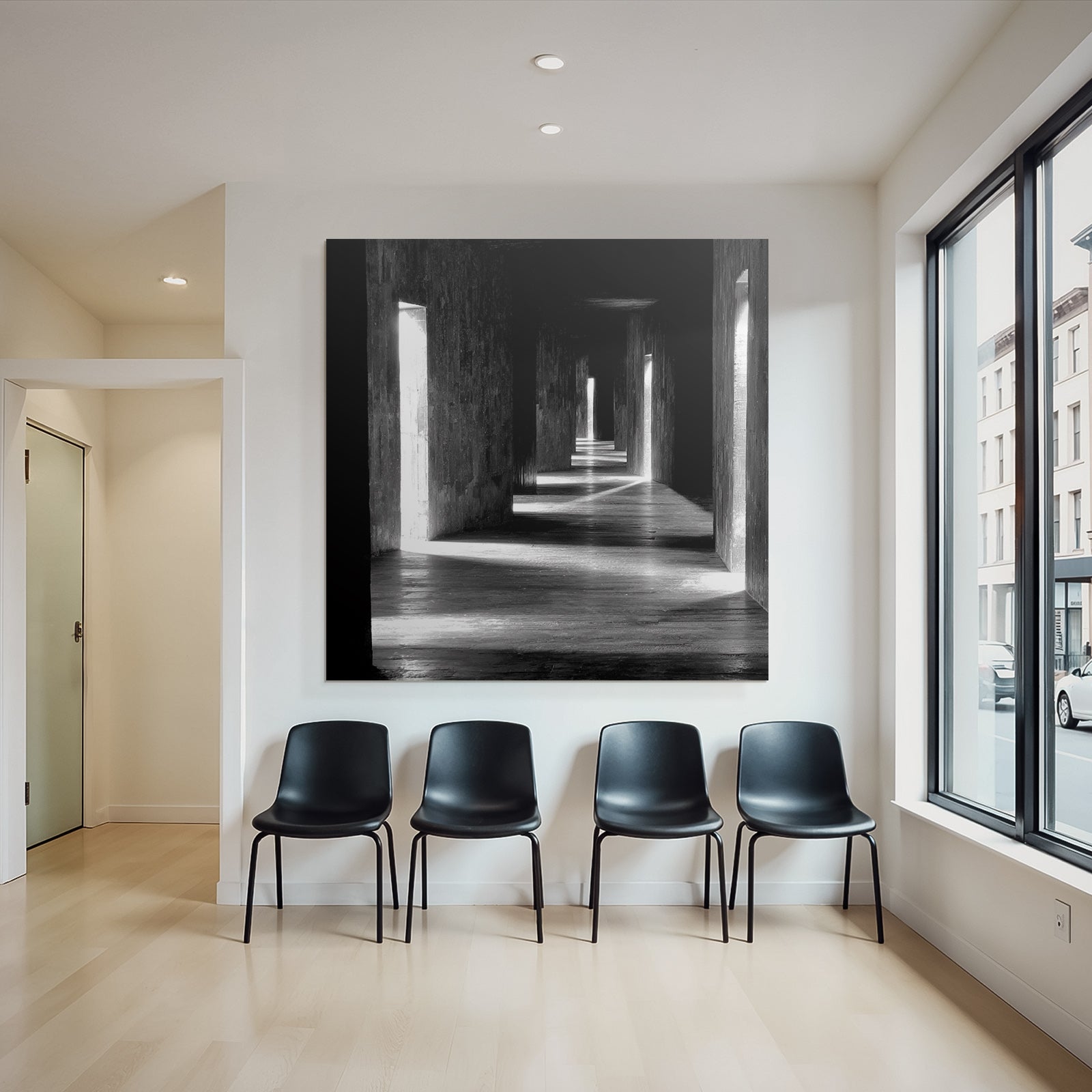 Dunkle Flure Mit Licht Strömen Architektur Monochromatisch