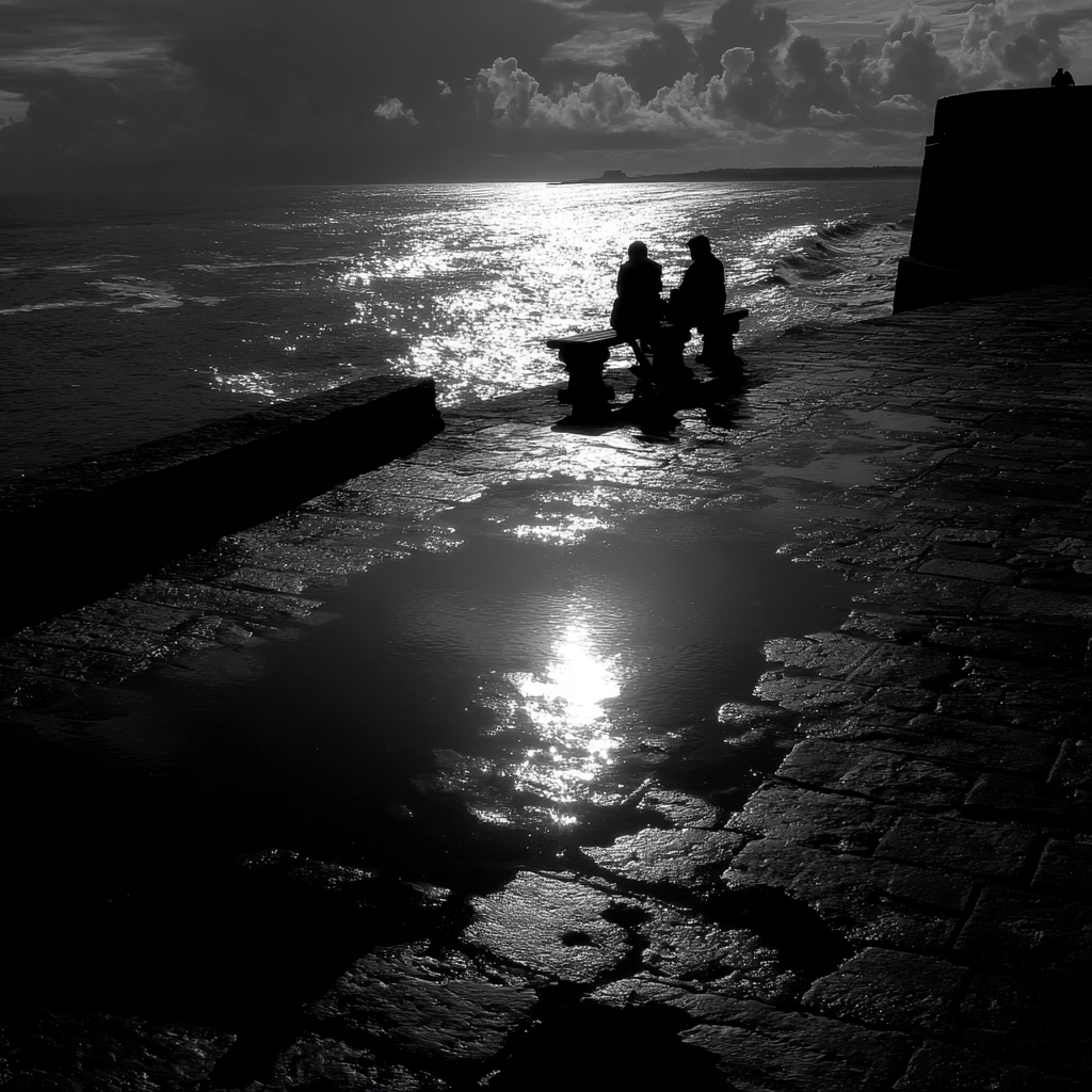 Ocean Silhoütten Bench Sonnenreflexion Wasser Utf8 | Schwarz Weiss | Farbenwelten