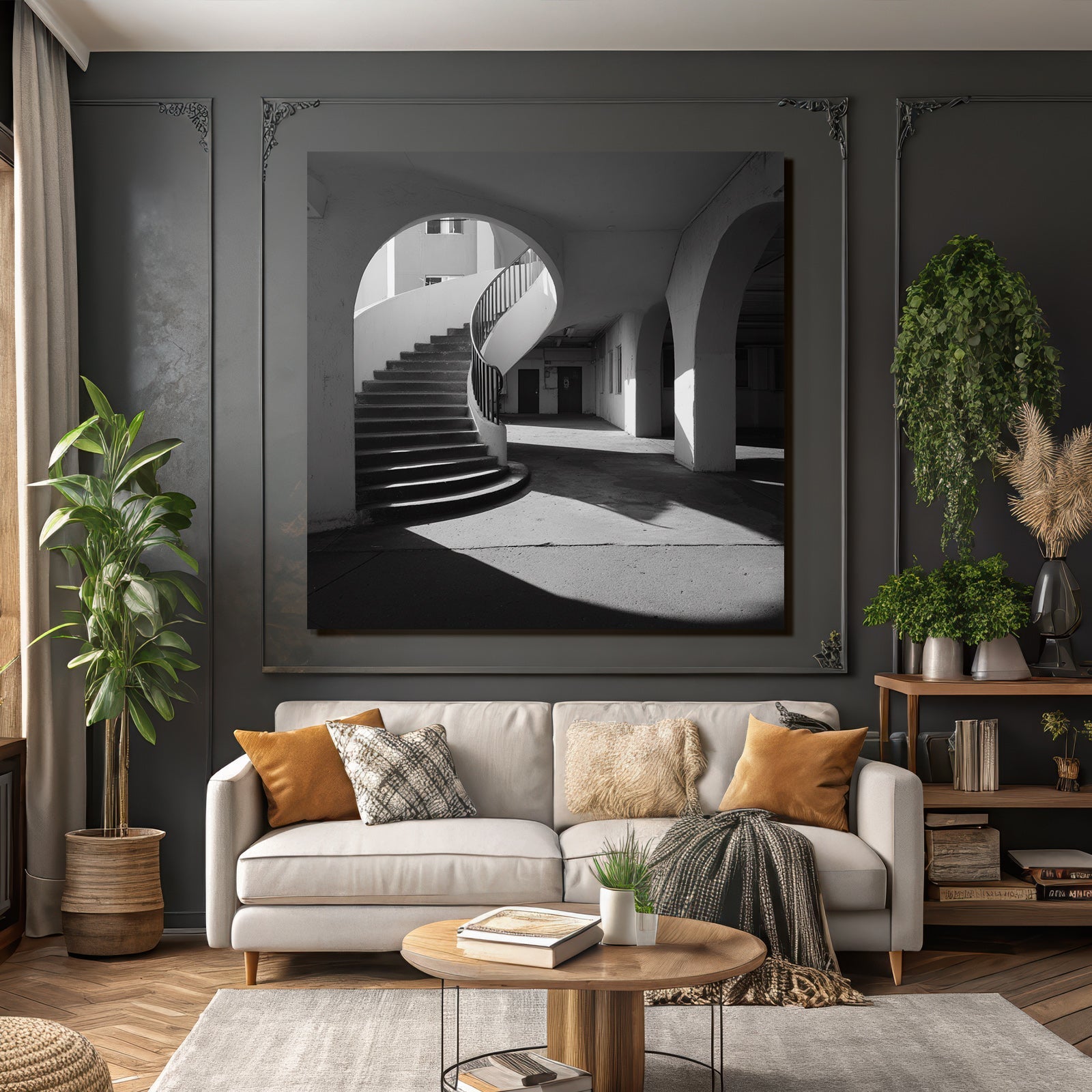 Spiralsta Staircase Gegen Gerundete Bogen Moderne Architektur Minimalistisch