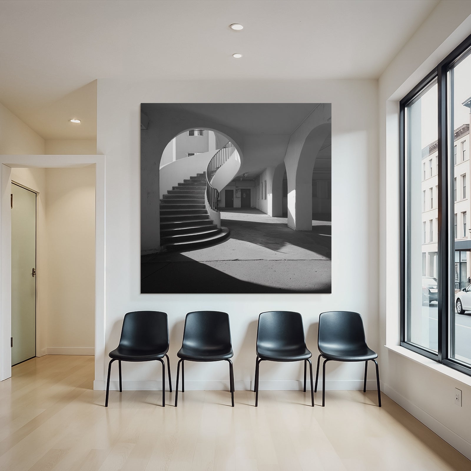 Spiralsta Staircase Gegen Gerundete Bogen Moderne Architektur Minimalistisch